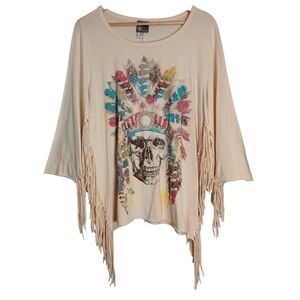 Vocal USA Y2K Rhinestone Indian Skull Fringe Top Boho Festival